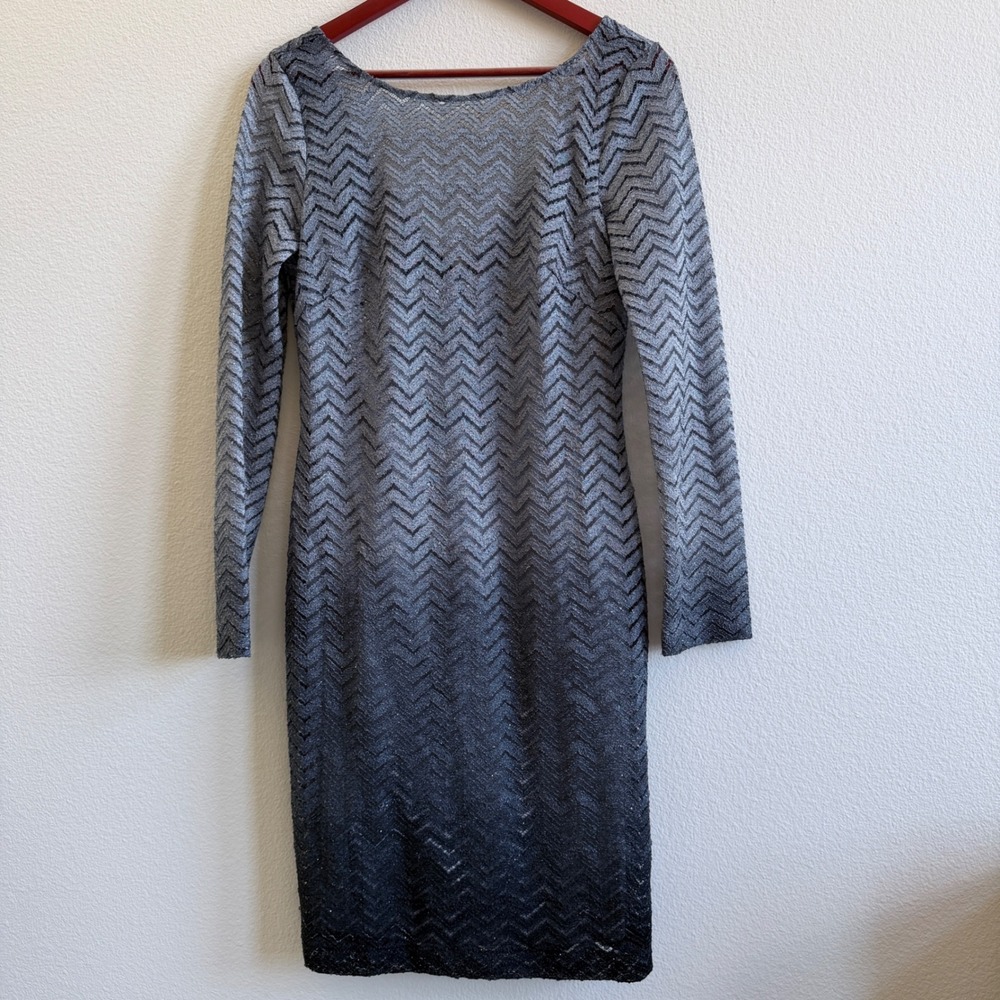 JS Collections Womens Silver Ombre Chevron Lace Long Sleeve Sheath Dress Size 8